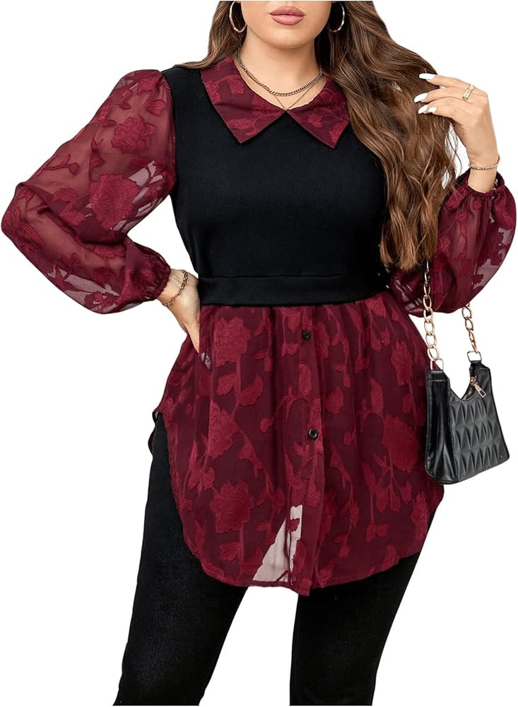 SOLY HUX Women's Plus Size Floral Mesh Button Down Shirt Collar Bishop Long Sleeve 2 in 1 Peplum ... | Amazon (US)
