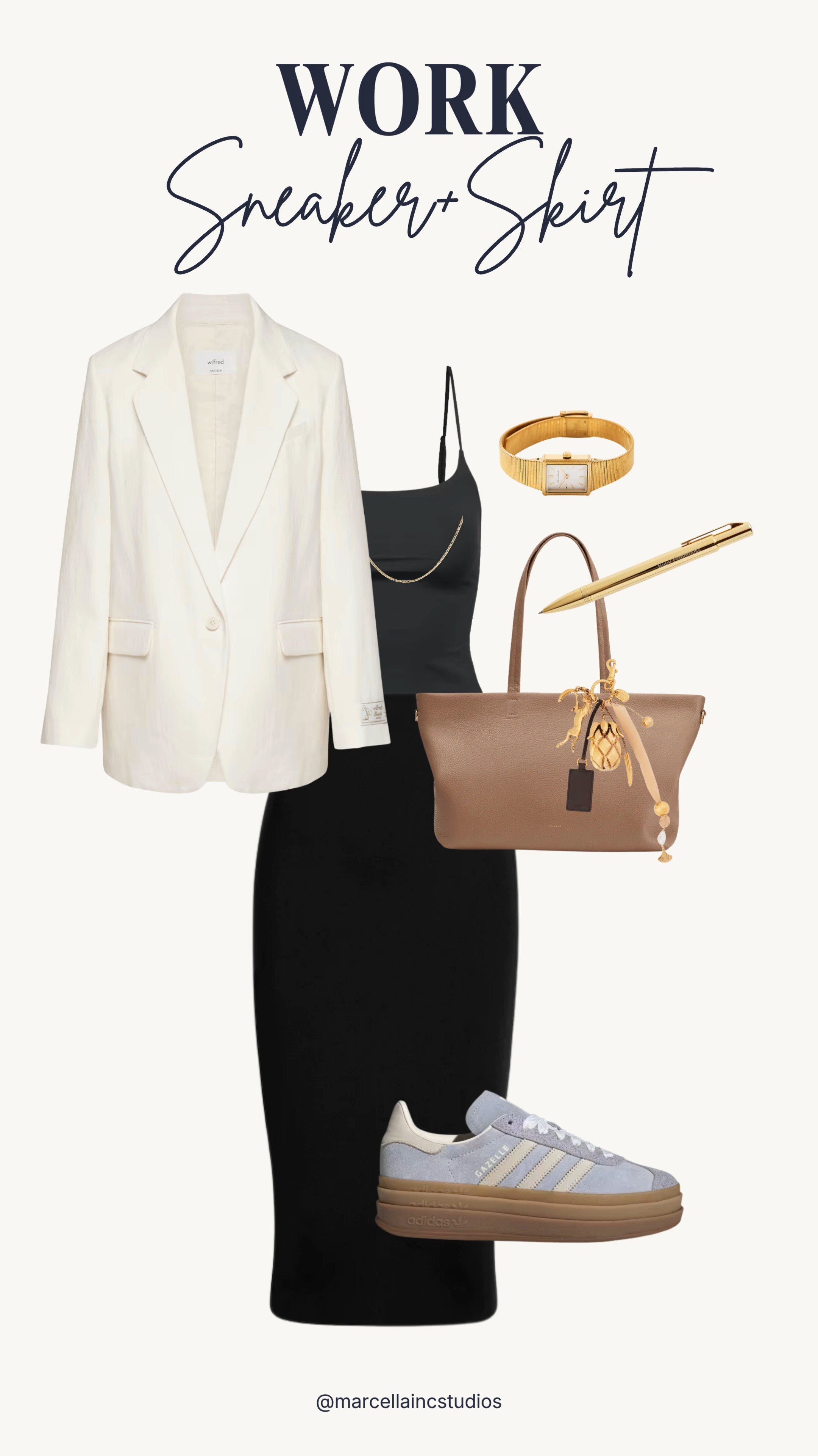 adidas Sneaker Outfit for work that can take you straight into HH.  Fitted, cami tank dress from Aritzia with a blazer and gold jewelry and a tote with a cute bag charm. #workoutfit #sneakeroutfit #adidas #adidasgazelle #bagcharm #ltkstyletip

#LTKootd #LTKOver40 #LTKWorkwear
