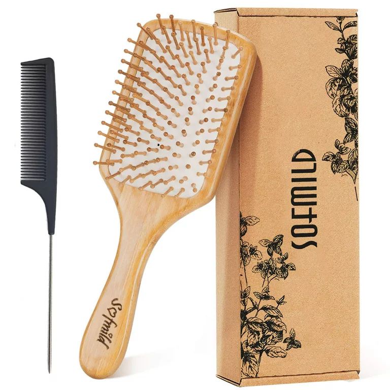 Hair Brush Paddle Natural Wooden Bamboo Brush and Detangle Tail Hair Comb Set for Massage Scalp | Walmart (US)