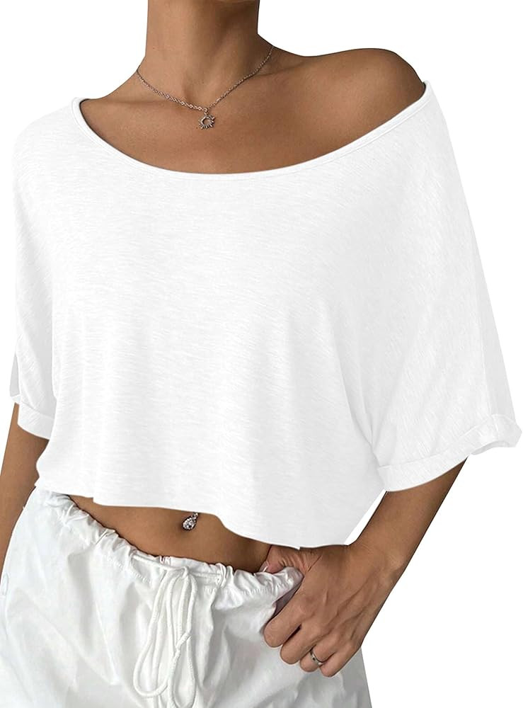 Remidoo Womens Off The Shoulder Tops Short Sleeve Crop Top Asymmetrical Neck T Shirt | Amazon (US)