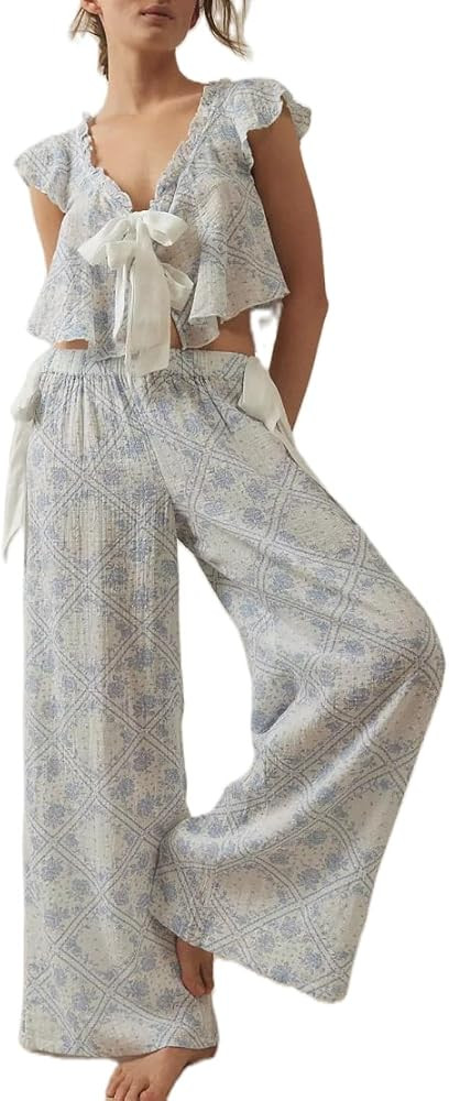 Adoeren Women Y2k 2 Piece Front Tie Pajama Ruched Ruffle Sleeveless V Neck Crop Tops Long Pants L... | Amazon (US)
