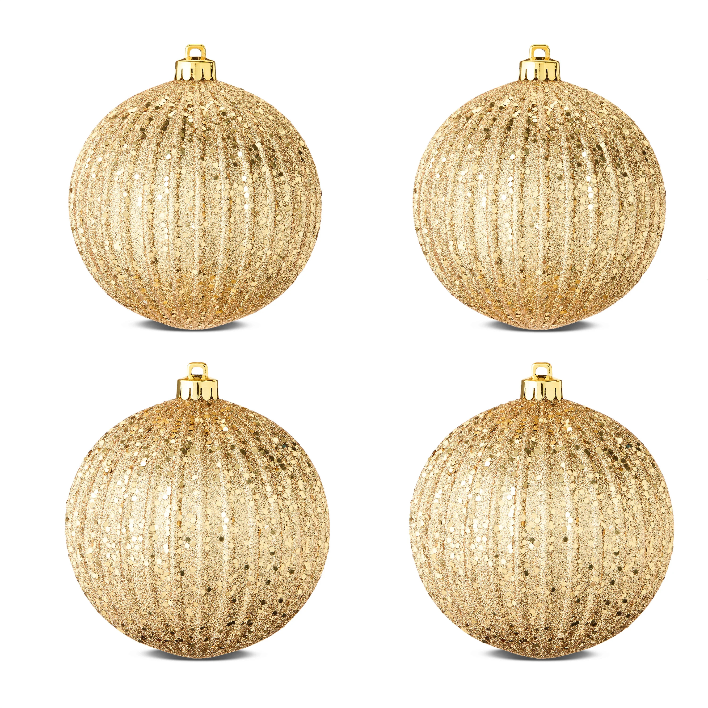 4-Count Gold Glitter Shatterproof Textured Christmas Ornaments, 5.9 in, by Holiday Time | Walmart (US)