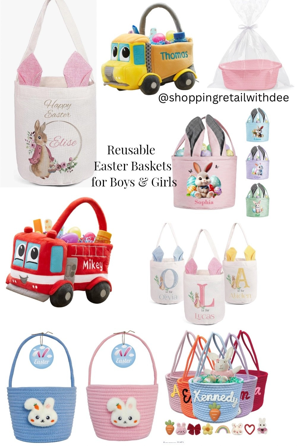 Sharing the cutest Easter baskets for boys and girls 🐣💛 From personalized name baskets to fun classic Easter-themed styles, these are perfect for creating a special basket they can reuse year after year!

Linking my favorite basket options that make Easter morning extra sweet and festive 🧺🐰🌷 #EasterBaskets #KidsEasterBasket #PersonalizedEasterBasket #EasterBasketIdeas #ToddlerEaster #EasterMorningMagic #LTKKids #LTKFamily #LTKSpring #MomFinds