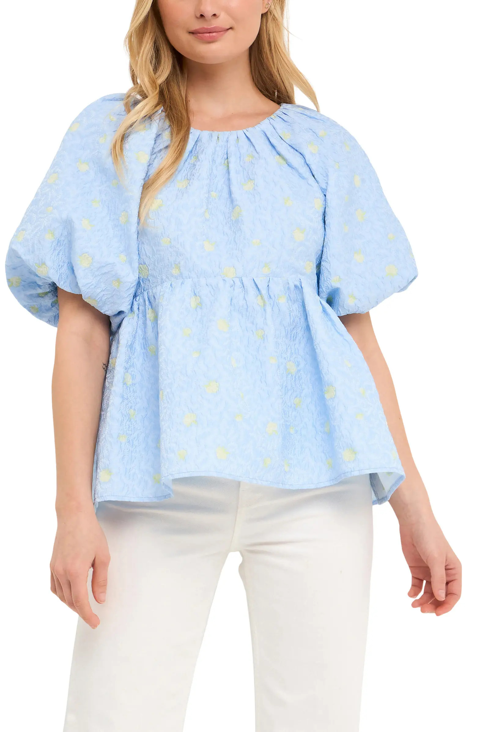 English Factory Floral Jacquard Puff Sleeve Babydoll Top | Nordstrom | Nordstrom