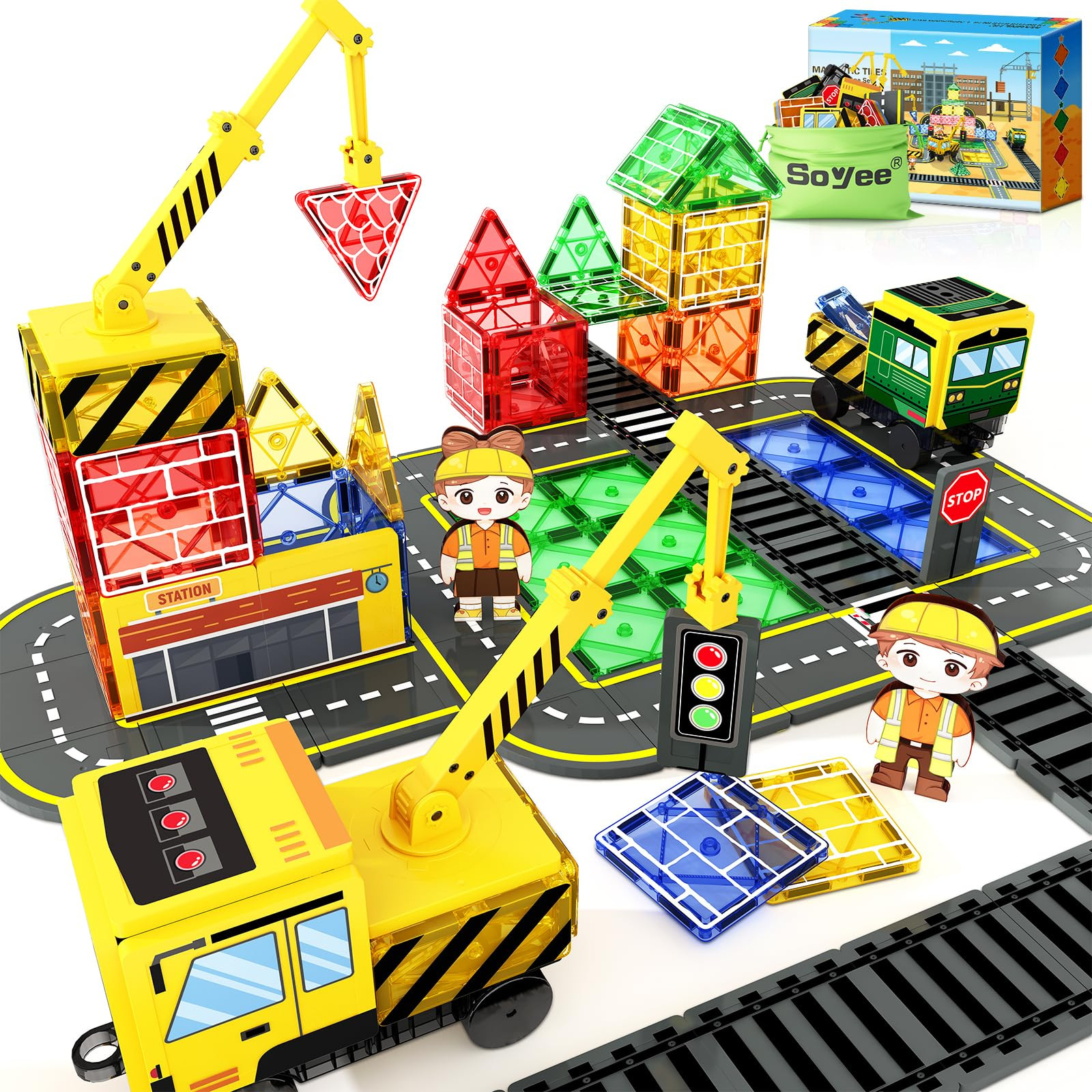 Soyee Magnetic Tiles Magnetic Construction Toys with 2 Cranes Boys Toys for Ages 3-5 5-7 Magnet Building Blocks Chritmas Gifts Boys Sensory Autism Montessori Toys Gift for 3+ Year Old | Amazon (US)