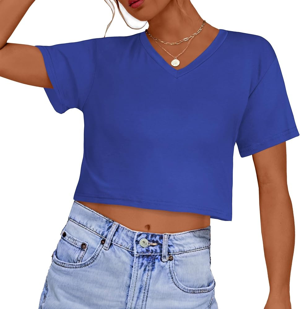 Womens Crop Tops Summer Baisc Tees V Neck T Shirts Casual Short Sleeve Cropped Top | Amazon (US)