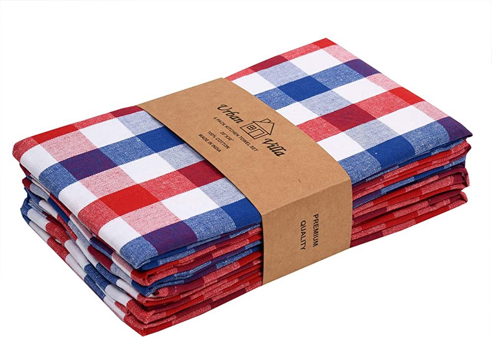 Urban Villa Kitchen Towels Set of 6 Buffalo Checks Red/Blue/White Kitchen Towels 20X30 Inches 100... | Amazon (US)