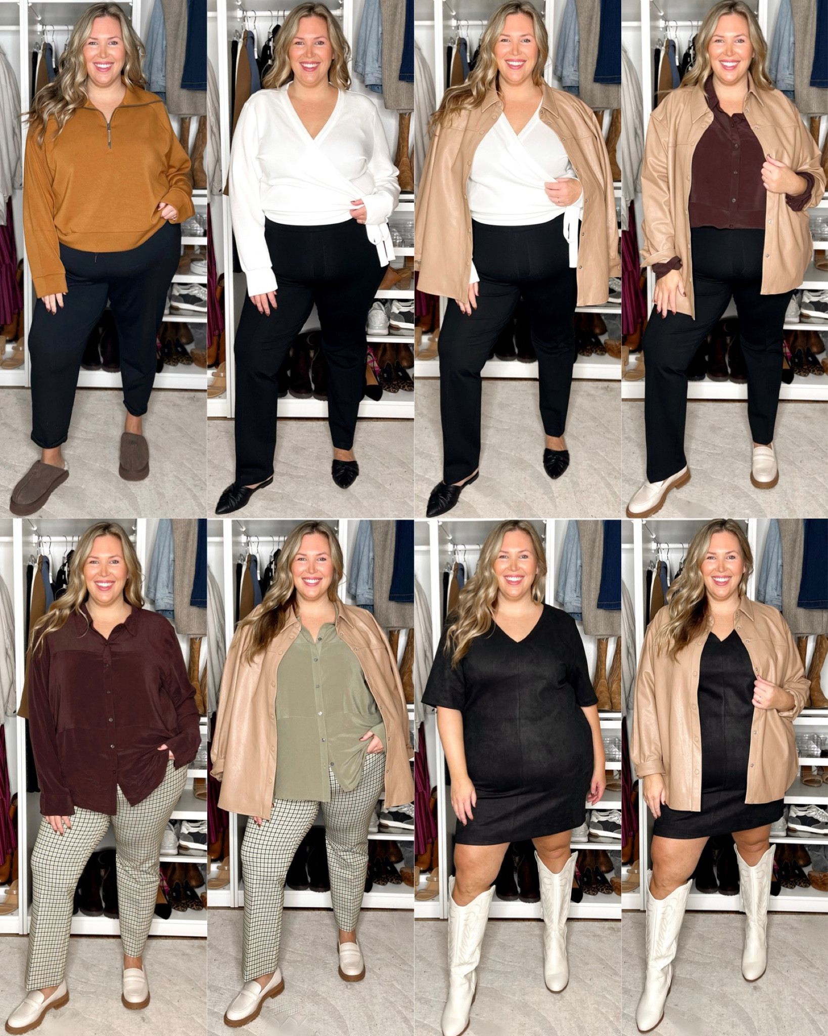 Plus Size Spanx Style Session! Use code ASHLEYDXSPANX for a discount on full price items at checkout!

Looks 1&2 (top left): Joggers run small, size up I’m in 3X. Pullover half zip runs true I’m in 2X. Black jacket not pictured runs true, I have 1X. Jeans run true, size up if unsure - I’m in 2X.

Looks 3&4 (top right): The pants run true- I'm in a 2X! Wrap top runs generous - I'm in a 2X. Leather Like Button Down shirt runs true but size up if you want to button it all the way - I'm in 2X here. Top runs small in the hips, size up, I’m wearing 3X!

Looks 5&6 (bottom left): The pants run true- I'm in a 2X! Top runs small in the hips, size up, I’m wearing 3X! Leather Like Button Down shirt runs true but size up if you want to button it all the way - I'm in 2X here.

Looks 7&8 (bottom right): Dress runs true to size 2X. Leather Like Button Down shirt runs true but size up if you want to button it all the way - I'm in 2X here.

#LTKworkwear #LTKplussize #LTKmidsize