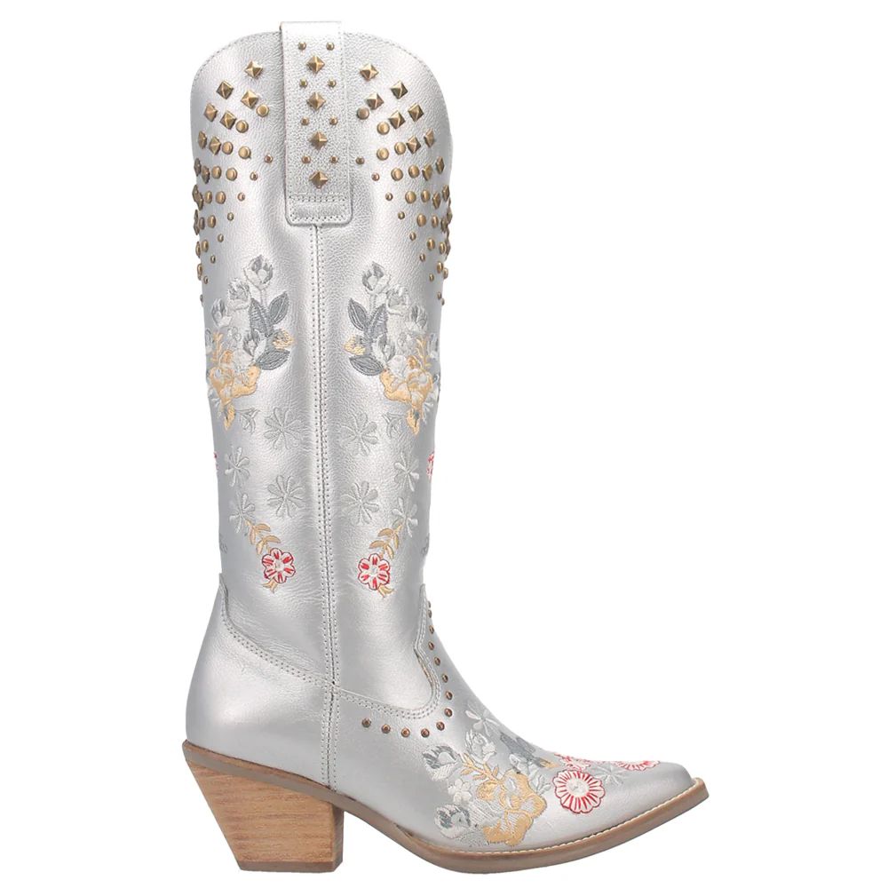 Shop Silver Womens Dingo Poppy Floral Metallic Embroidery Studded Snip Toe Cowboy Boots | Shoebacca