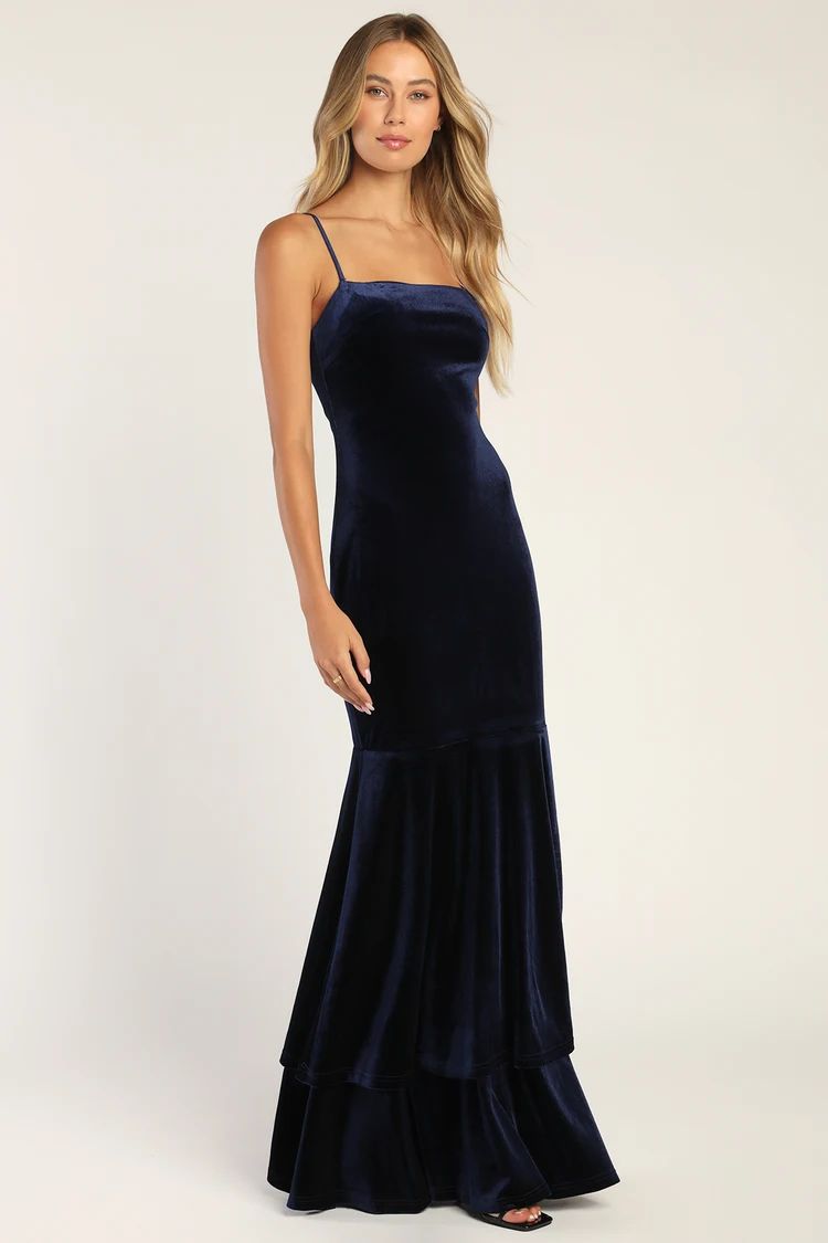 Alluring Muse Navy Blue Velvet Tiered Trumpet Maxi Dress | Lulus (US)