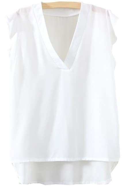 Dip Hem V Neck Chiffon White Top | ROMWE