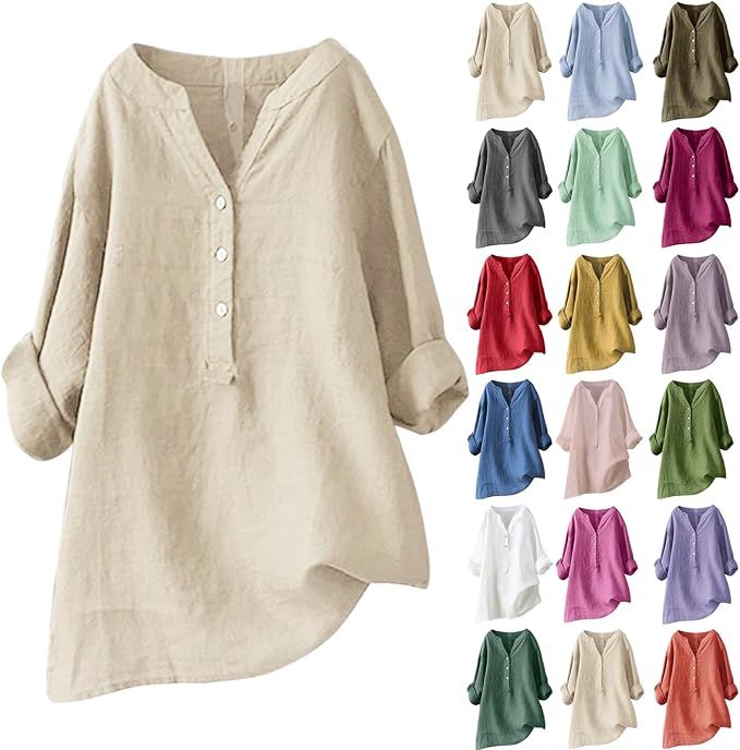 Linen Shirts for Women 3/4 Sleeve Cotton Linen Blouses Top V-Neck Batwing T-Shirt Solid Color Loo... | Amazon (US)