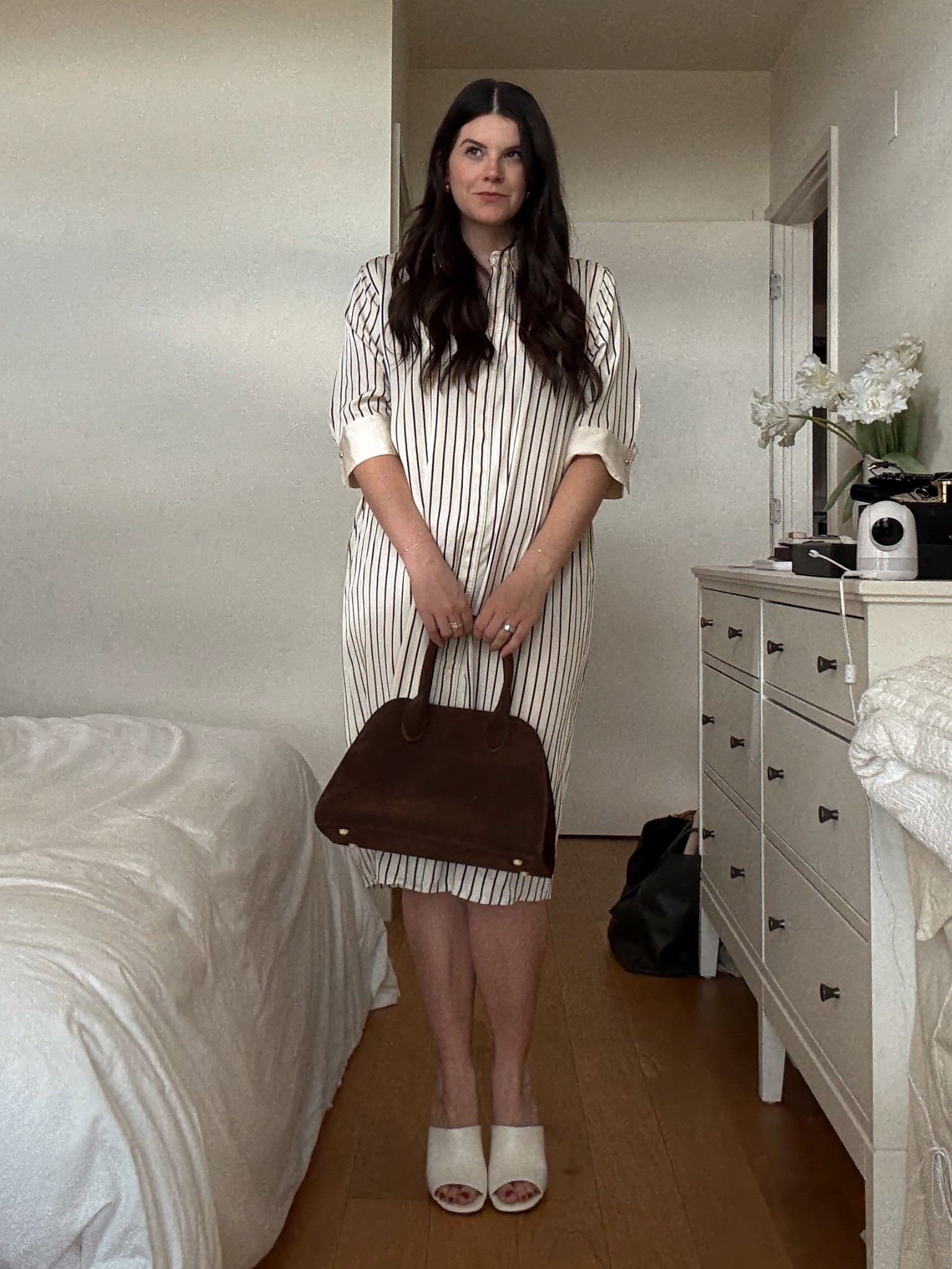 Perfect postpartum dress for work or dinner with the girls! Postpartum style, shirt dress, mom outfit, chic mom, H&M dress, black and white dress, classy dress 

#LTKFindsUnder50 #LTKBump