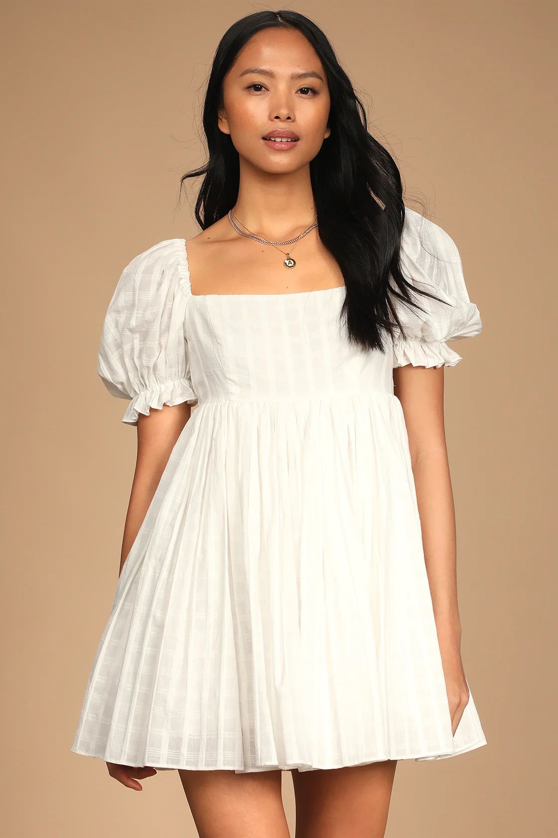 A Day in Paris White Square Neck Puff Sleeve Babydoll Dress | Lulus (US)