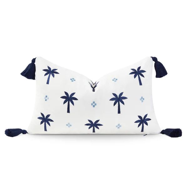 Coastal Hampton Style Indoor Outdoor Lumbar Pillow Cover, Embroidered Palm Tree Tassel, Navy Blue... | Hofdeco