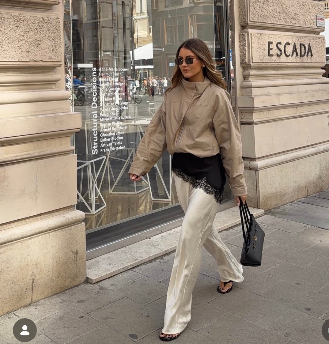 Beige bomber
Black satin top 
White pants

#LTKMothersDay #LTKootd #LTKstorytime