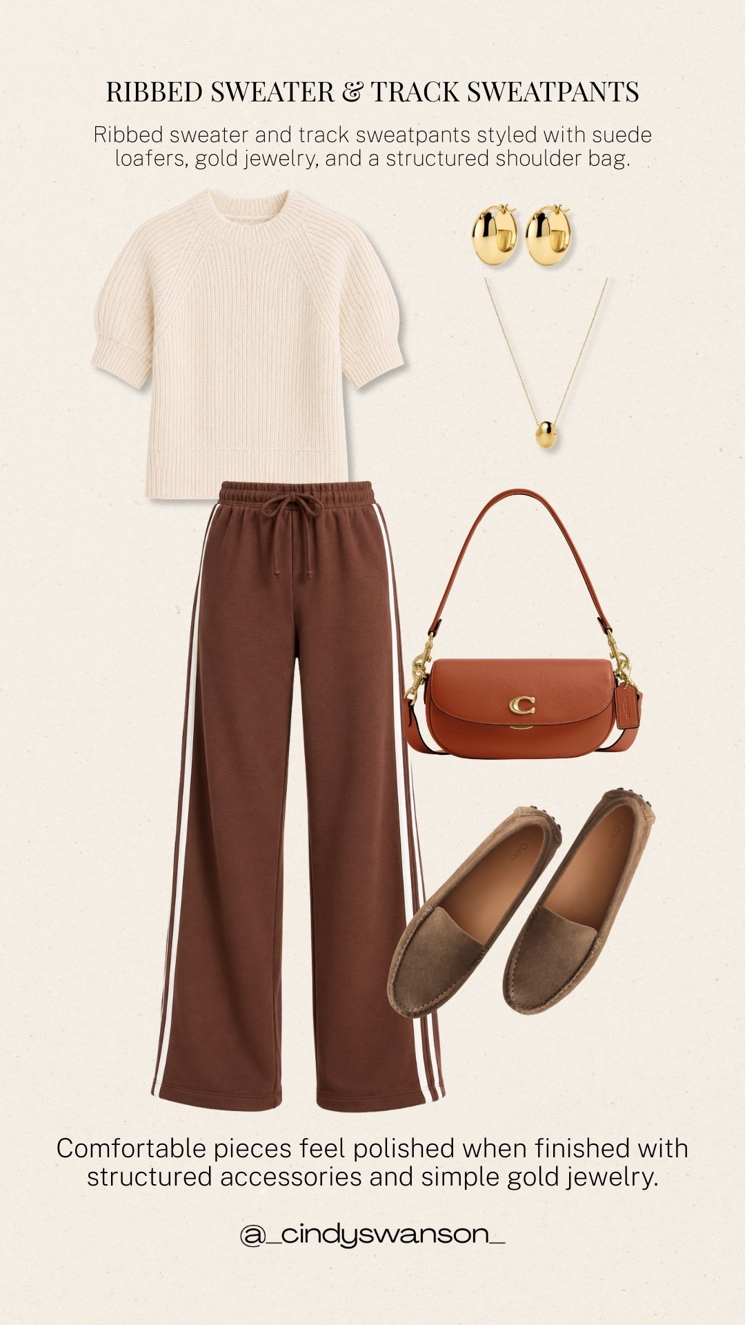 I love how these brown track sweatpants feel relaxed without looking too casual. The cream ribbed sweater, suede loafers, structured shoulder bag, and simple gold jewelry give this comfortable outfit a polished finish that works beautifully for everyday wear.

#LTKootd #LTKOver40 #LTKgrwm