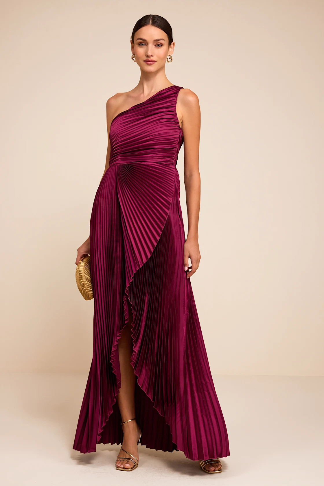 Adaya Magenta Satin Pleated One-Shoulder Maxi Dress | Lulus