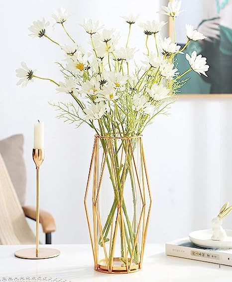 FSyueyun Gold Flower Vase Decorations for Living Room Glass Vase with Metal Holder, Modern Large ... | Amazon (US)