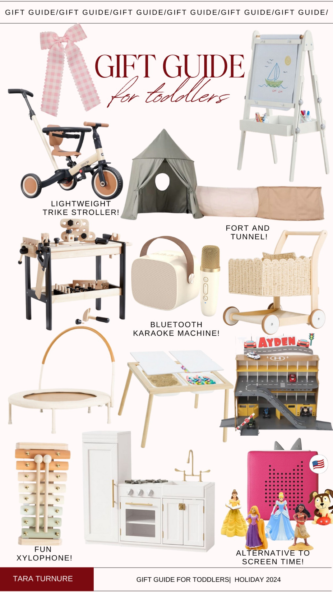 Gift guide. Gift idea. Kids. Toddlers. Christmas. Holiday. Wooden toys. Play kitchen. Work bench. Trike. Easel. Karaoke machine. Shopping cart. Bow. Fort and tunnel  

#LTKKids #LTKGiftGuide #LTKHoliday