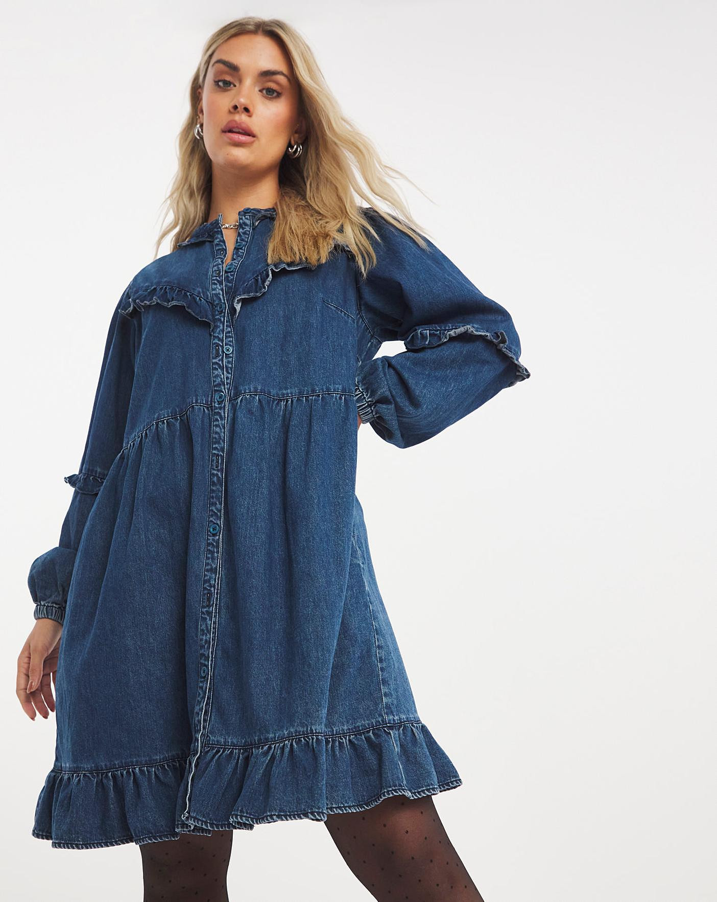Dark Vintage Blue Denim Ruffle Detail Smock Dress | Simply Be (UK)