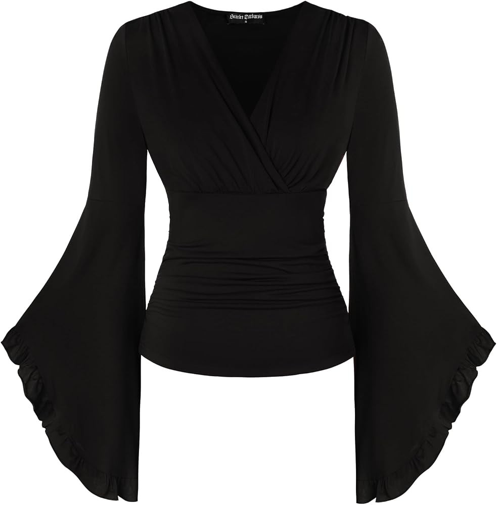 Scarlet Darkness Renaissance Shirt Women V Neck Long Bell Sleeve Wrap Casual Ruched Top | Amazon (US)
