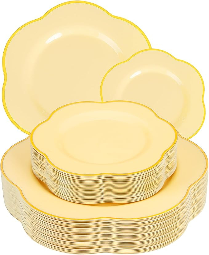 Liacere 50PCS Yellow Plastic Plates - Heavy Duty Disposable -Yellow and Gold Include 25PCS 7inch ... | Amazon (US)