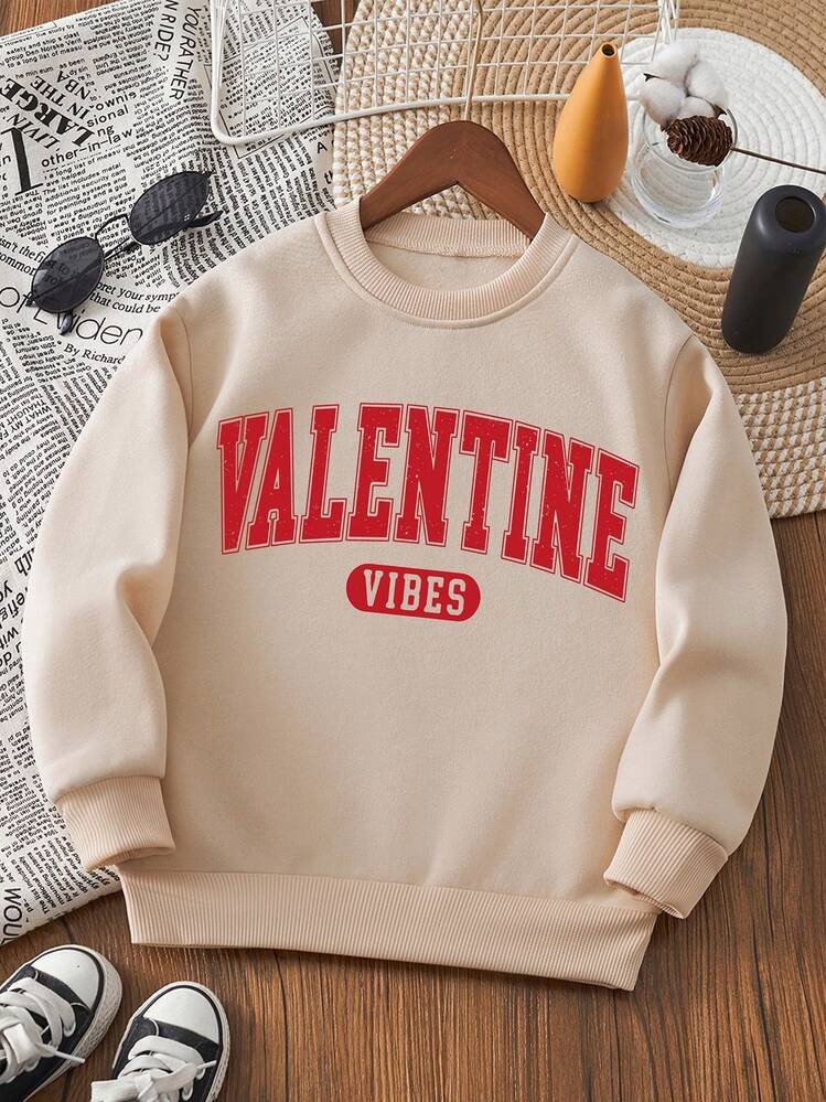 Young Boy Valentine's Day Letter Graphic Thermal Lined Crew Neck Sweatshirt, Casual Winter | SHEIN