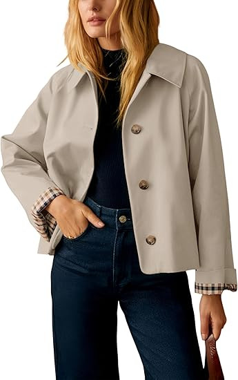 Dqbeng Womens Cropped Trench Coat Classic Collar Oversized Casual Jackets with Checkered Lining | Amazon (US)