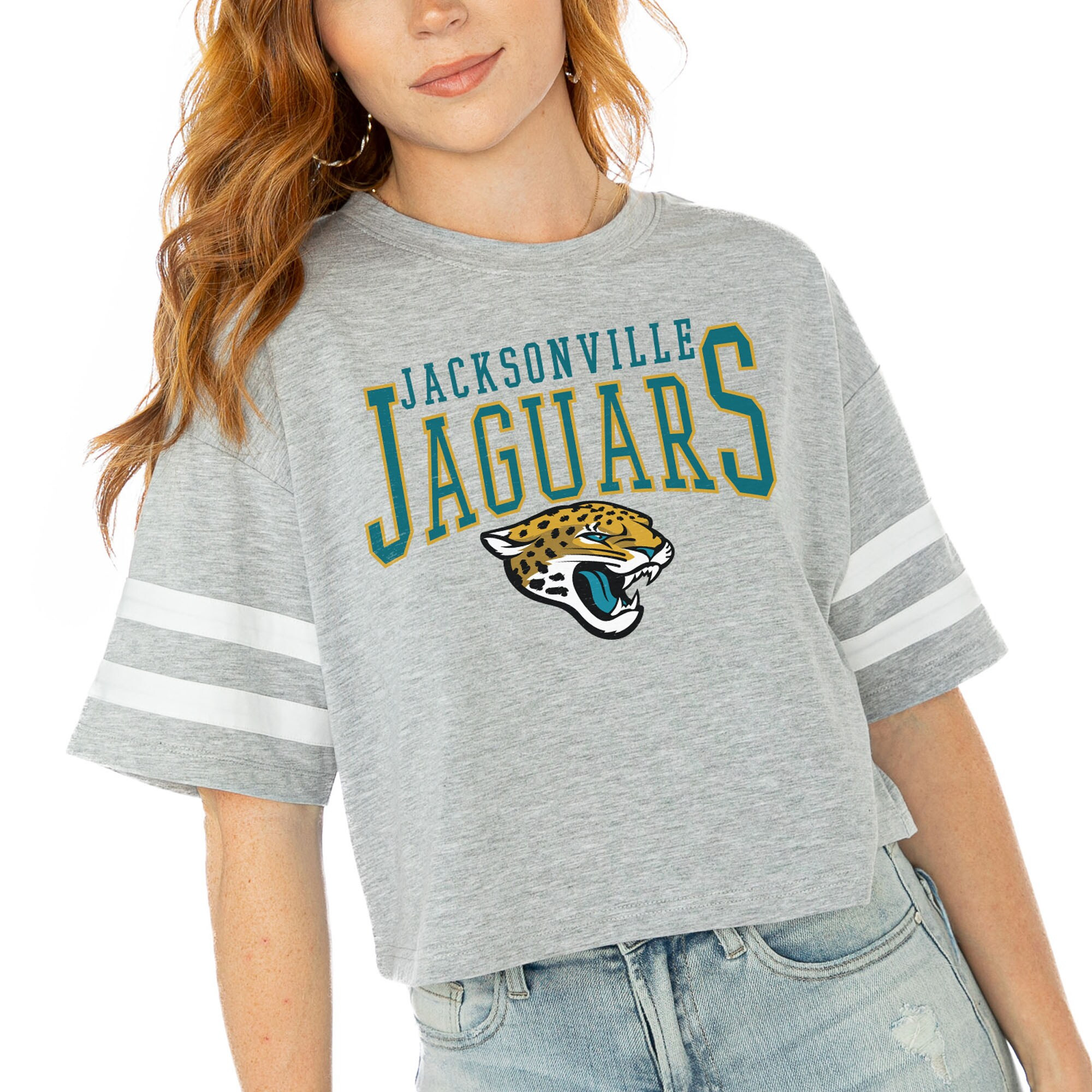 Jacksonville Jaguars Gameday Couture Women's Gridiron Glam Cropped T-Shirt - Gray | Fanatics