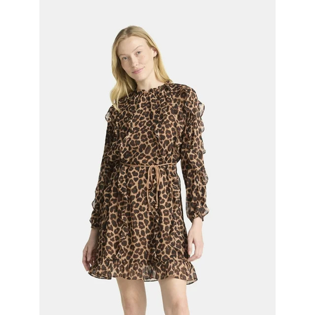 Time and Tru Women's and Women's Plus Belted Ruffle Mini Dress, Sizes XS-4X | Walmart (US)