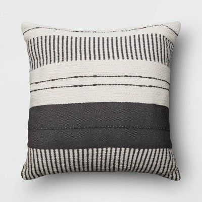 18"x18" Stripes and Dashes Square Outdoor Throw Pillow Black/Ivory - Threshold™ | Target