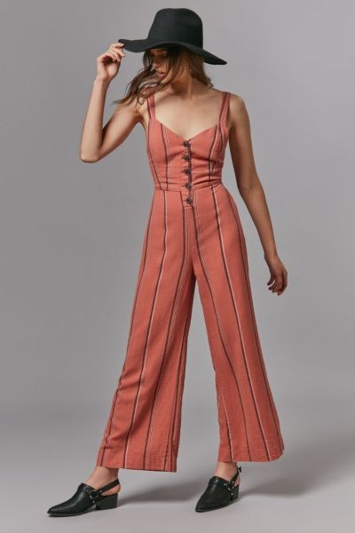 UO Ashley Button-Down Tie-Back Jumpsuit - Peach XS at Urban Outfitters | Urban Outfitters (US and RoW)