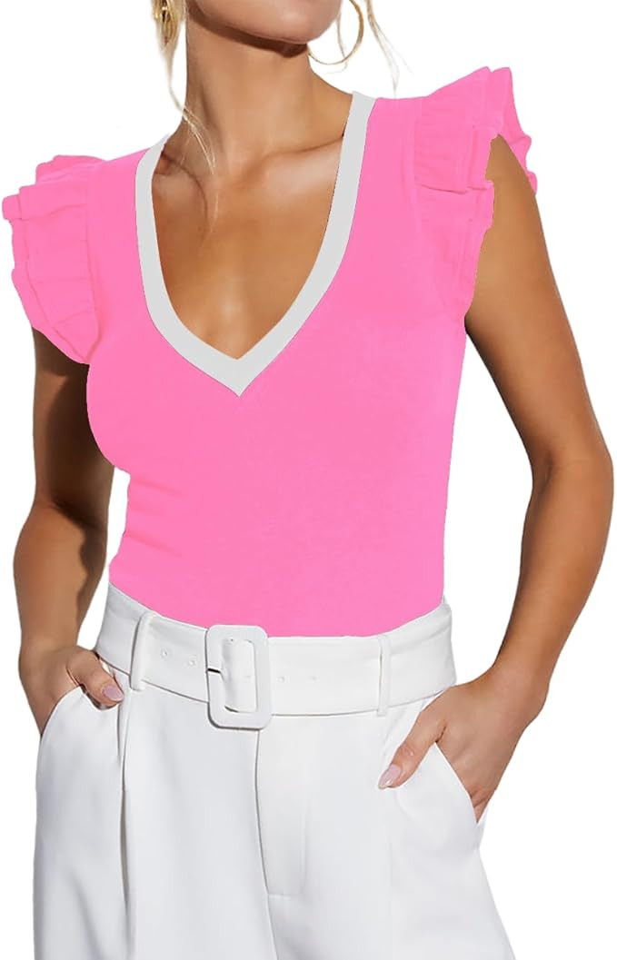 BONITEE Women Summer Ruffle Tops Sexy Deep V Neck Short Sleeve Shirts Trendy Casual Ribbed Slim F... | Amazon (US)