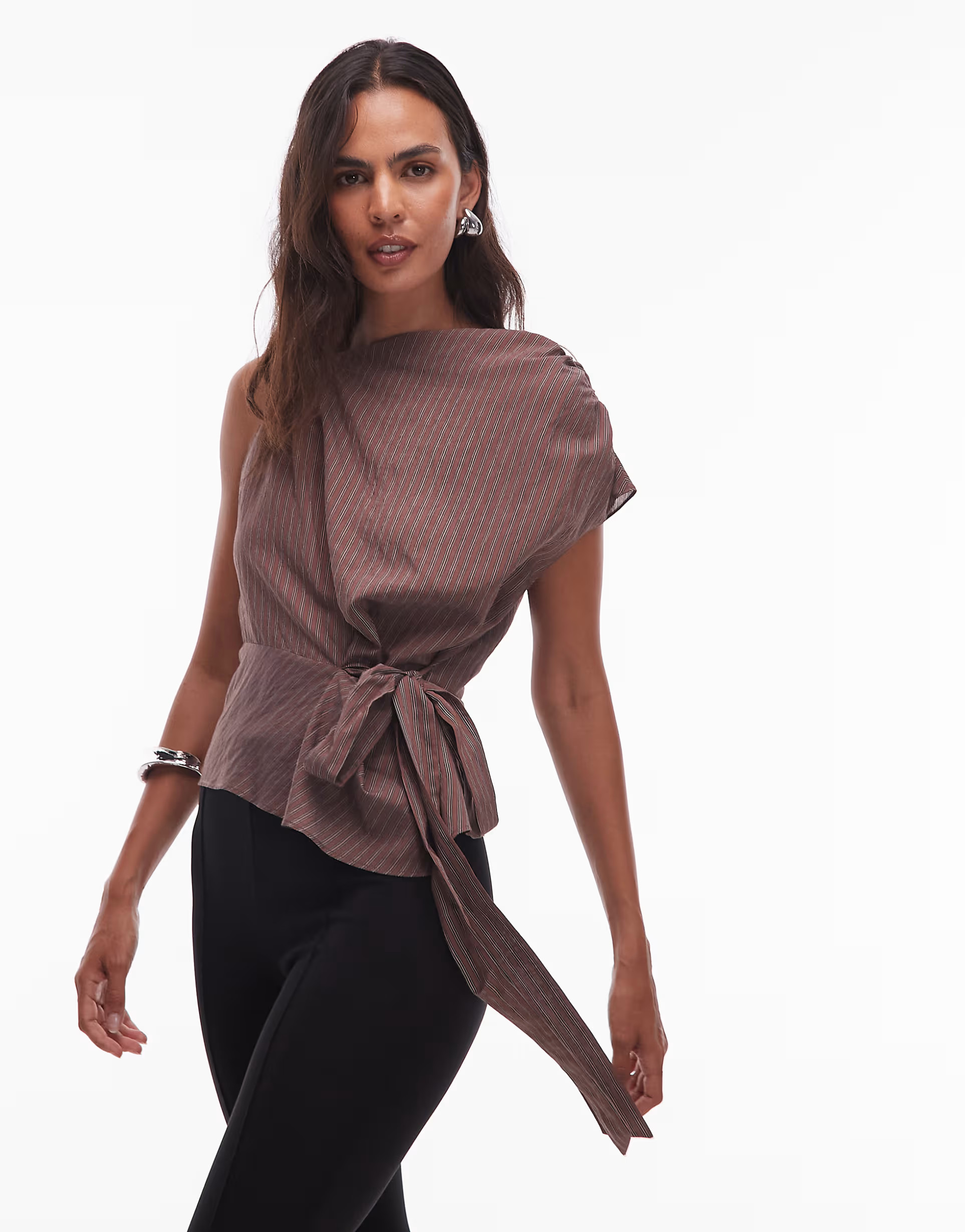 Topshop co-ord drape neck top in chocolate stripe | ASOS (Global)
