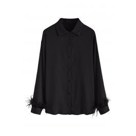 Feather Trim Cuffs Satin Shirt in Black | Chicwish