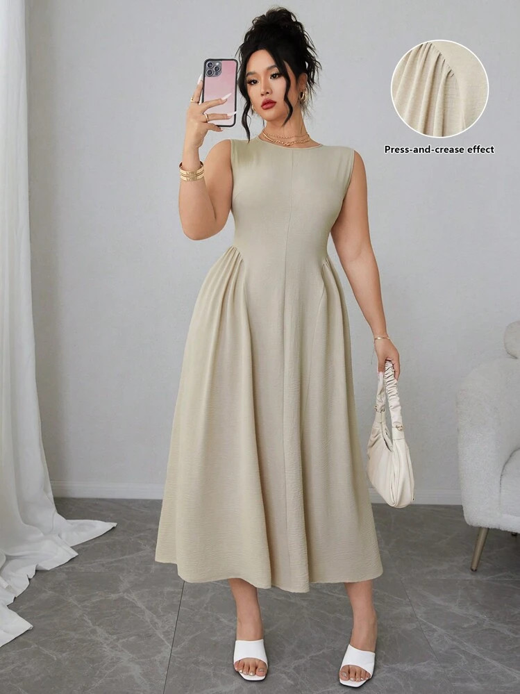 Elenzga Plus Size Solid Color Round Neck Elegant Back Zipper Sleeveless A-Line Dress Women Outfit | SHEIN