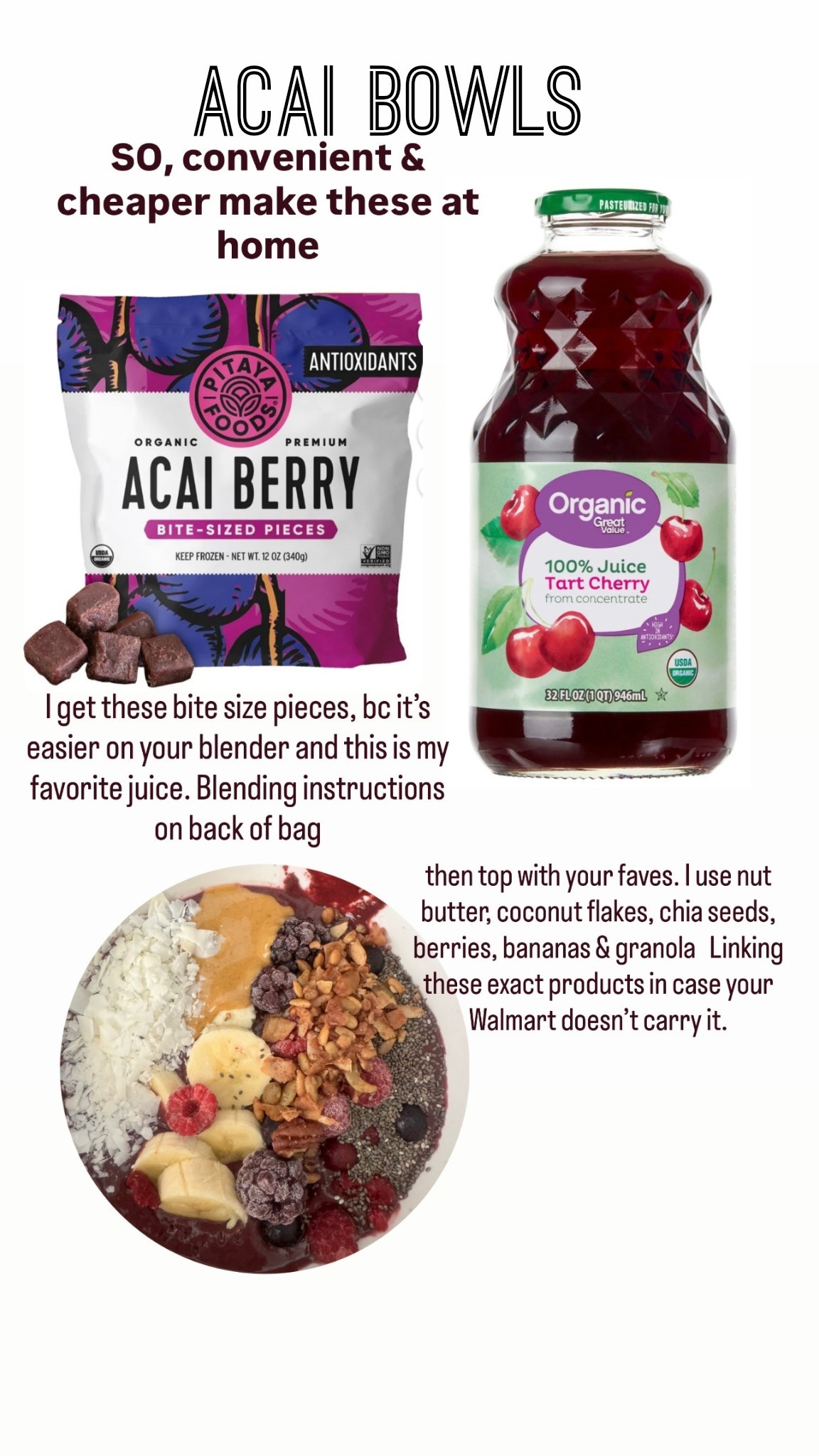 Açai bowls, so easy and convenient to make it home. Here are the ingredients that you need to get started. #AçaiBowl #HealthyEating #HealthyRecipes.