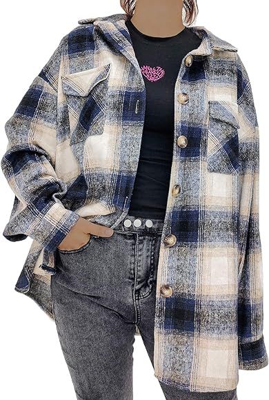 Women‘s Casual Label Button Down Long Sleeve Blend Wood Plaid Shacket Jacket Coat | Amazon (US)