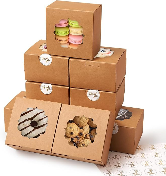 Shallive 4-Inch Small Cookie Boxes 50 Pcs Brown - Bakery Treat Boxes with Window for Gifting, To-... | Amazon (US)