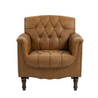 Uixe Mid-Century Light Brown Faux Leather Button Tufted Accent Arm Chair with Wood Legs (Set of 1... | The Home Depot