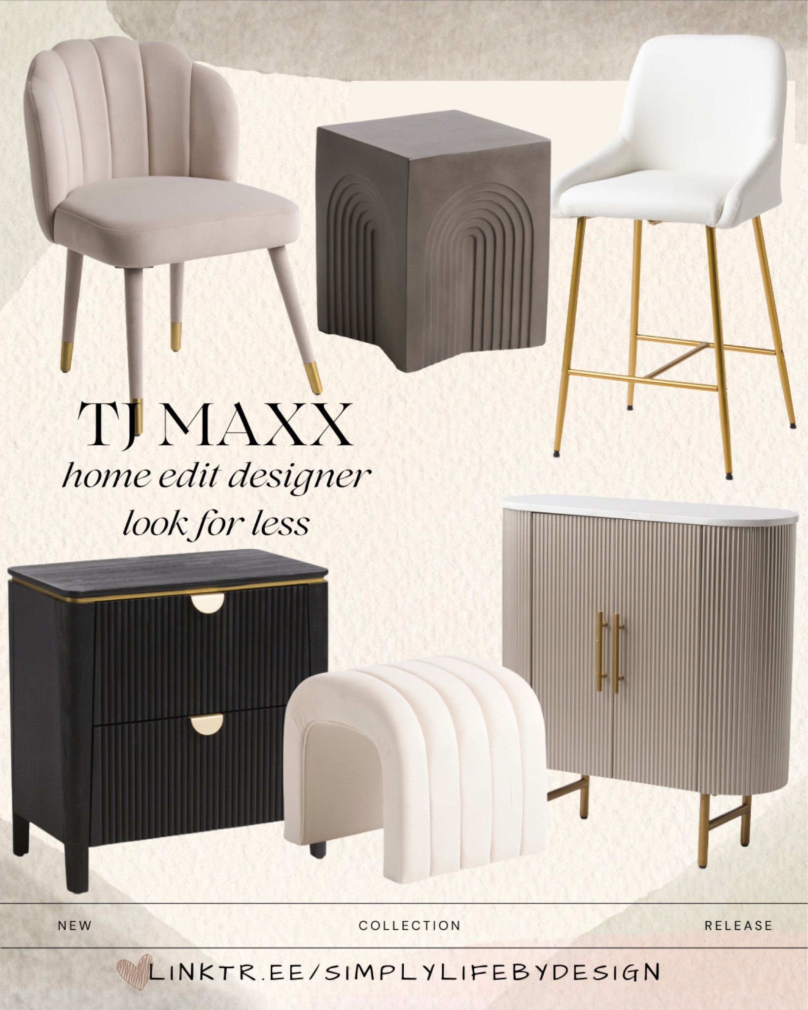 TJ Maxx home edition designer look for less. White and gold bar stool, velvet dining chair, concrete side table, fluted night stand, fluted console, velvet ottoman. 

#LTKstyletip #LTKhome #LTKsalealert
