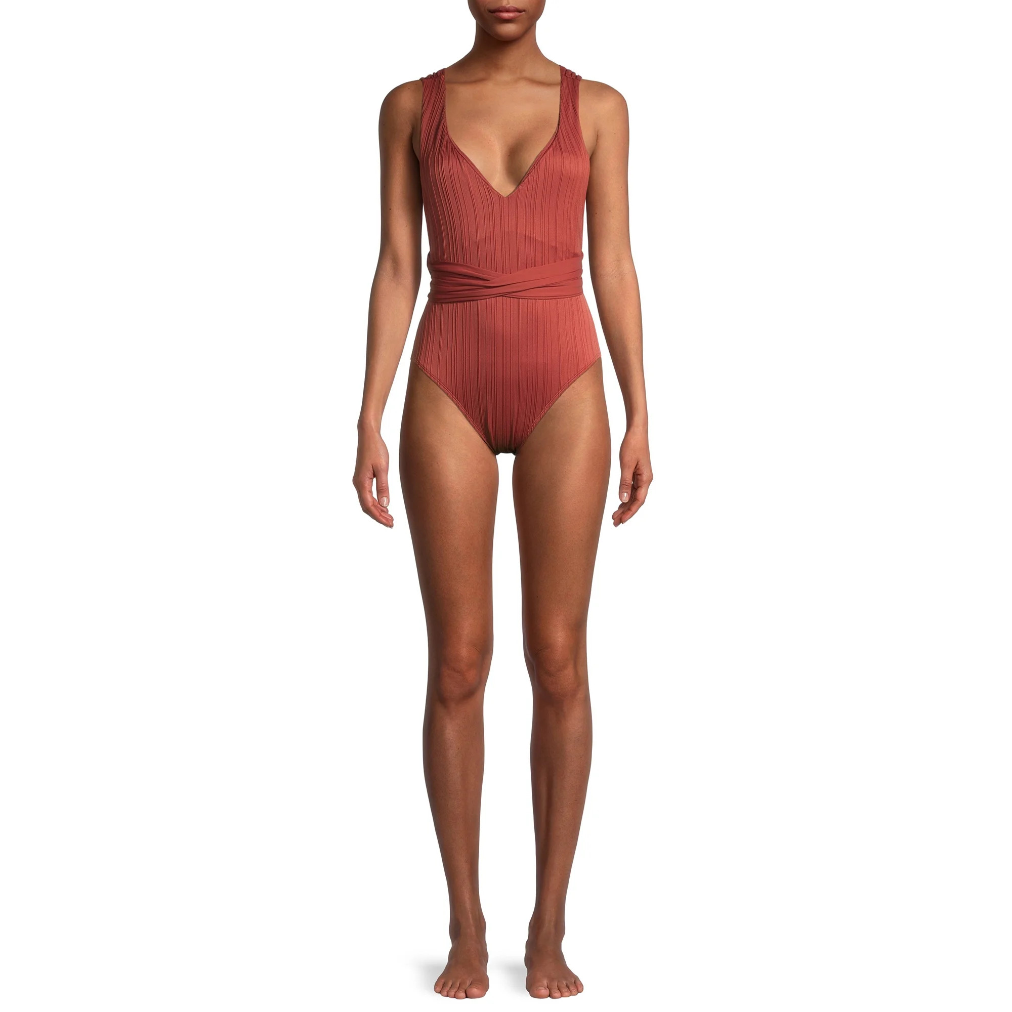 Time and Tru Women's Rusty Brick Wrap One-Piece Swimsuit with Tie Waist | Walmart (US)