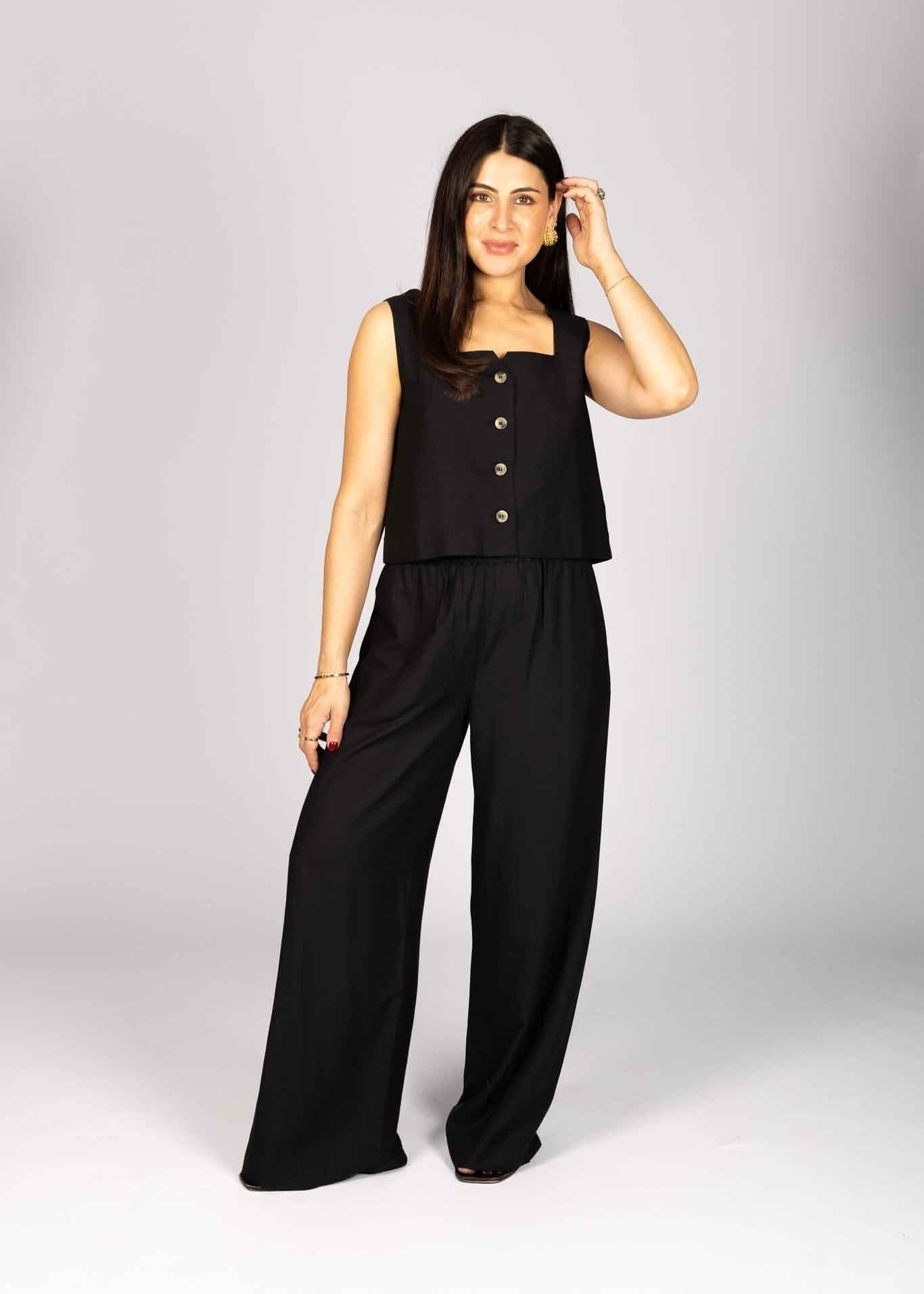 LINEN BLEND WIDE LEG TROUSERS - BLACK | WAT The Brand