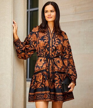 Wren Satin Crepe Brown Floral Banded Collar Long Sleeve Tie Waist A-Line Button Front Dress | Dillard's