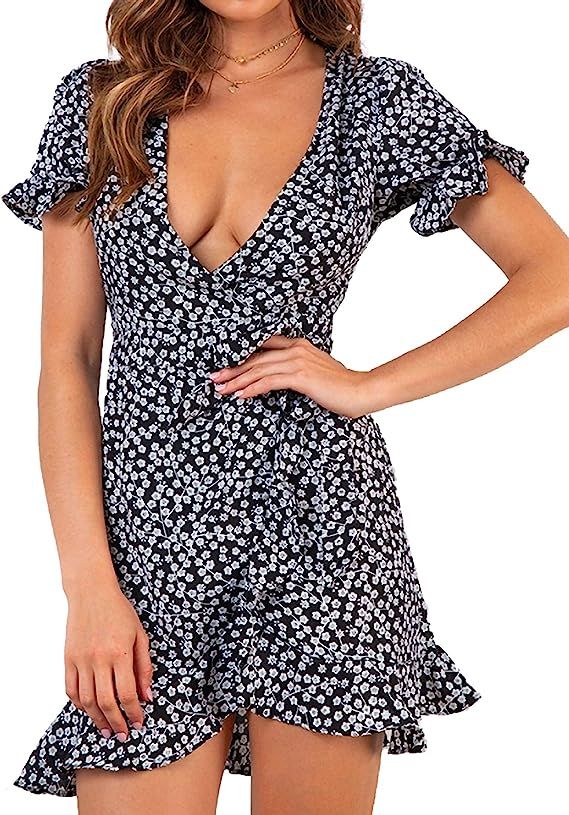 Relipop Women's Dresses Floral Print Deep V-Neck Short Bell Sleeve Ruffle Wrap Tie Knot Fishtail ... | Amazon (US)