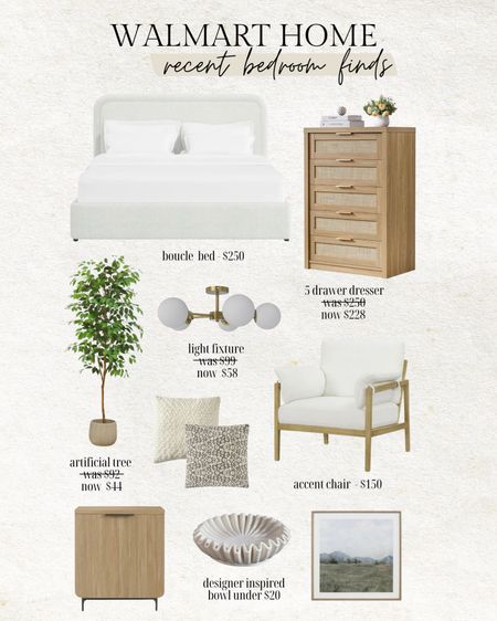 Walmart home - recent bedroom finds 🤍 this white boucle bed is under $250 and so amazing in person!  These home finds are such good quality and so affordable. 

Neutral home, bedroom design, home decor, bedroom refresh, Walmart finds, Walmart home, white bed, boucle bed, dresser, accent chair, artificial tree, wall art, decorative bowl, white bedding, Christine Andrew, Andrew home 

#LTKHome #LTKFindsUnder100 #LTKFindsUnder50