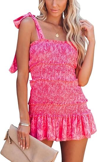 chouyatou Women's Summer Floral Spaghetti Strap Square Neck Ruffle Tie Mini Smocked Dress | Amazon (US)