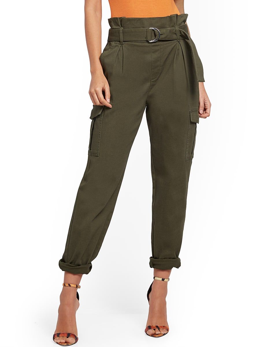 NY & Co Women's Belted Paperbag-Waist Cargo Pants Woodland Green Size 16 Spandex/Cotton | New York & Company