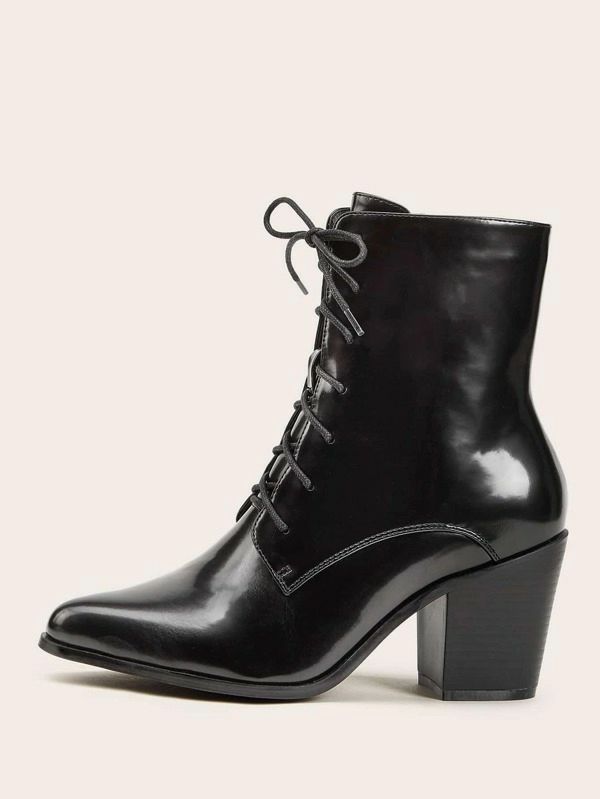 Point Toe Lace Up Stacked Heel Boots | SHEIN